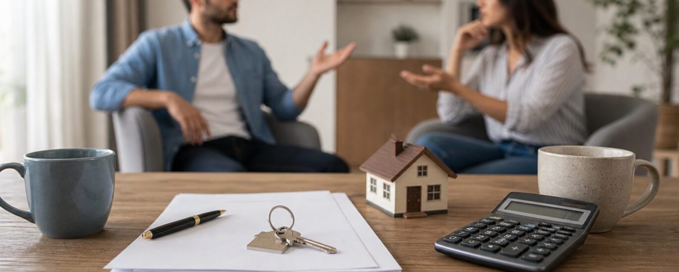Foto realista sem texto de chave, calculadora e documentos sobre imóvel financiado