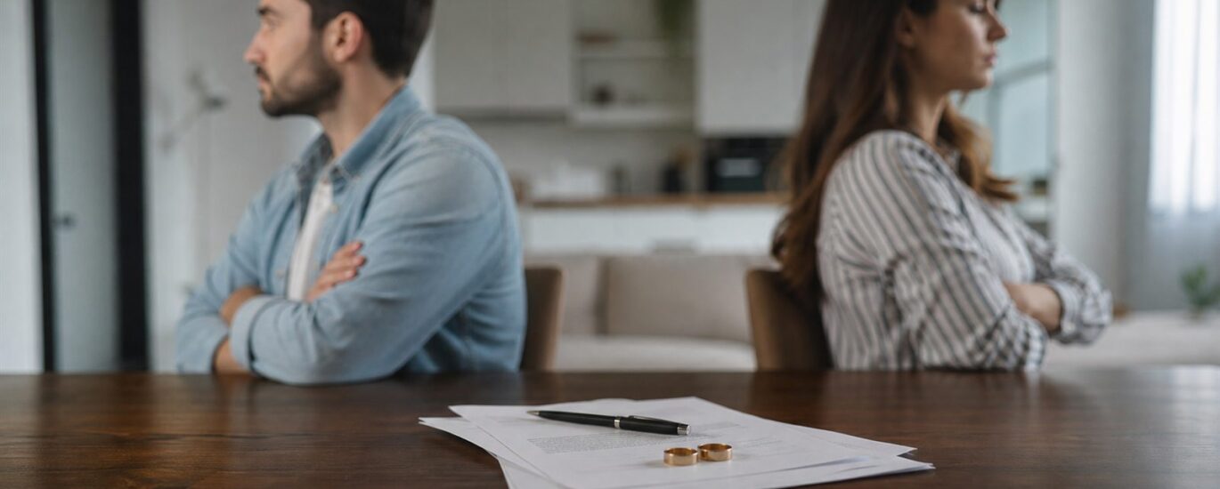 Foto realista sem texto de casal separado com documentos e alianças sobre a mesa