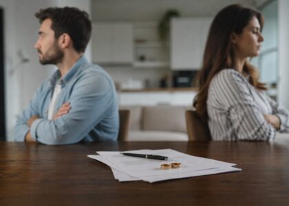 Foto realista sem texto de casal separado com documentos e alianças sobre a mesa