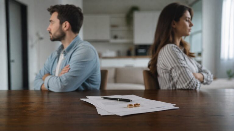 Foto realista sem texto de casal separado com documentos e alianças sobre a mesa