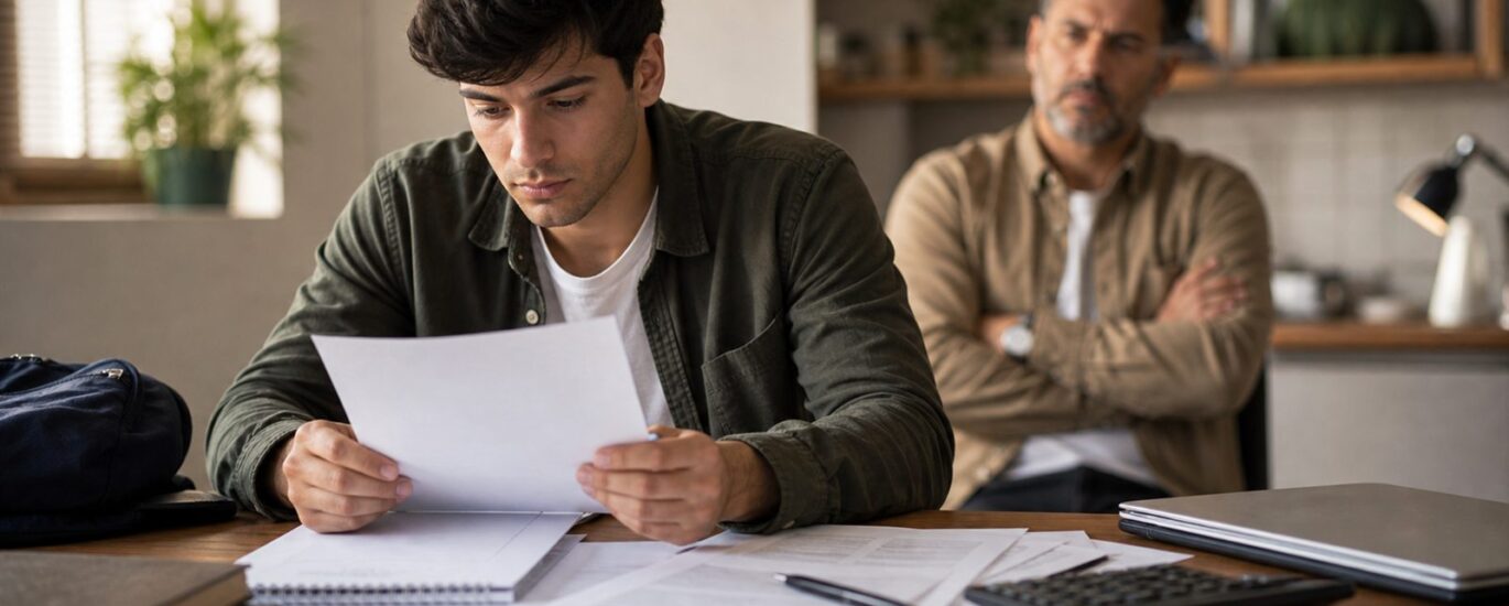 Foto realista sem texto de jovem adulto analisando documentos sobre exoneração de pensão