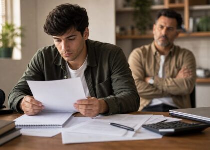 Foto realista sem texto de jovem adulto analisando documentos sobre exoneração de pensão