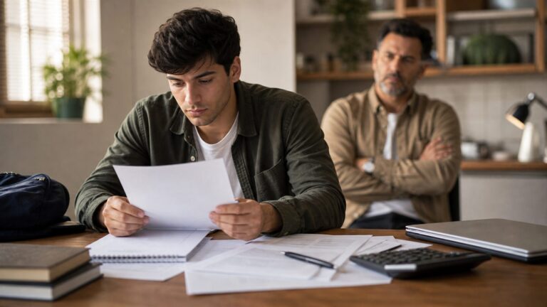 Foto realista sem texto de jovem adulto analisando documentos sobre exoneração de pensão
