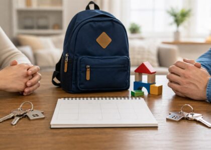 Foto realista sem texto de criança com mochila entre duas residências familiares