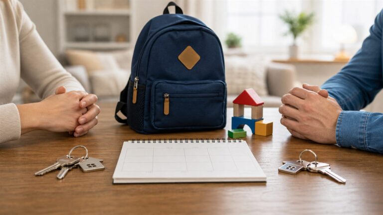 Foto realista sem texto de criança com mochila entre duas residências familiares