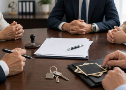 Foto realista sem texto de família reunida com documentos de inventário em mesa de escritório