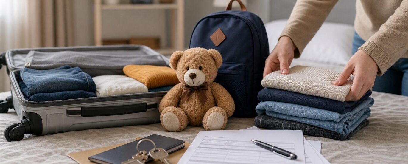 Foto realista sem texto de mala, brinquedo infantil e documentos de mudança de cidade