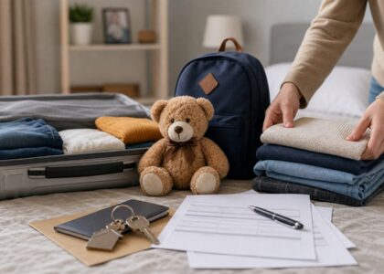 Foto realista sem texto de mala, brinquedo infantil e documentos de mudança de cidade