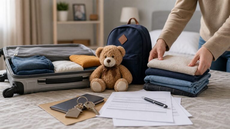Foto realista sem texto de mala, brinquedo infantil e documentos de mudança de cidade