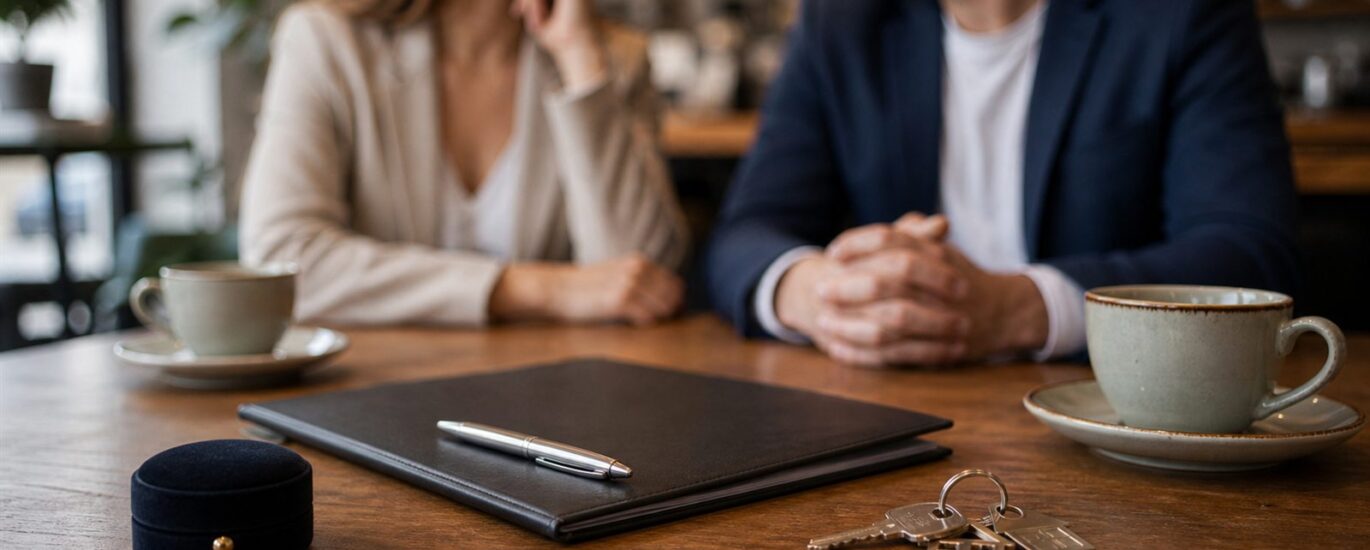 Foto realista sem texto de casal com contrato, alianças e documentos patrimoniais