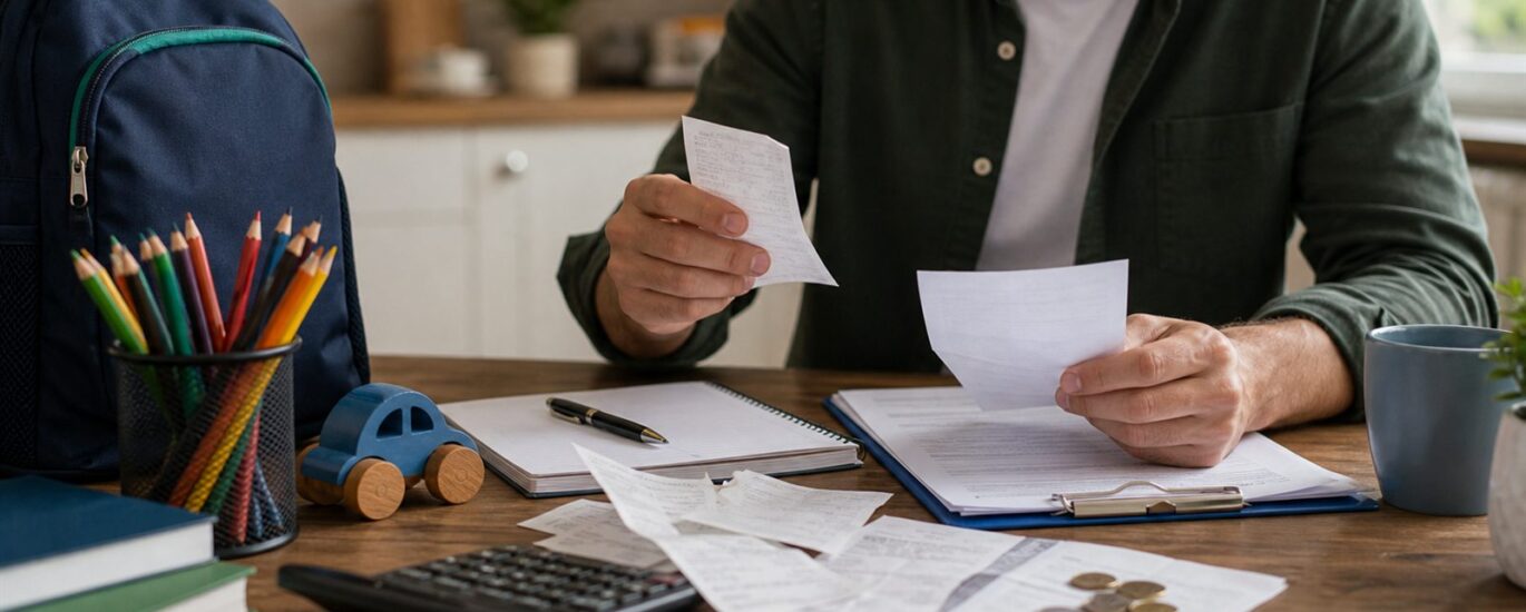 Foto realista sem texto de mãe e filho com documentos financeiros sobre a mesa