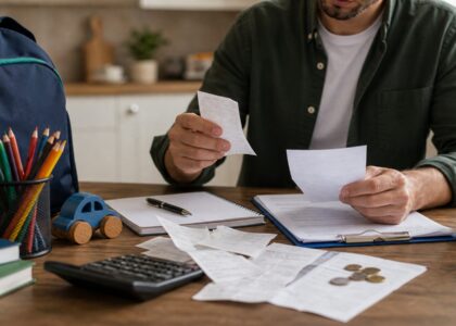 Foto realista sem texto de mãe e filho com documentos financeiros sobre a mesa