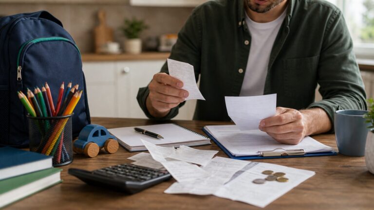 Foto realista sem texto de mãe e filho com documentos financeiros sobre a mesa