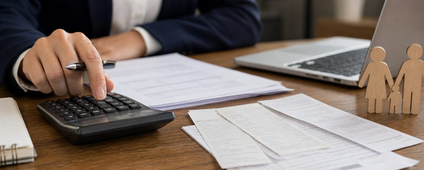 Foto realista sem texto de calculadora, recibos e documentos para revisão de pensão