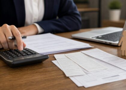 Foto realista sem texto de calculadora, recibos e documentos para revisão de pensão