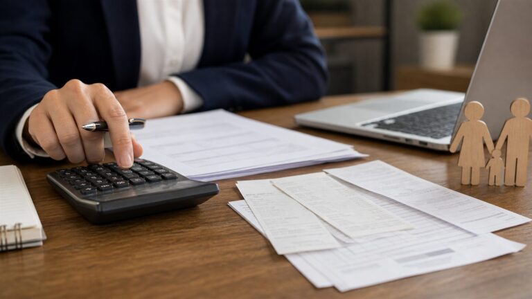Foto realista sem texto de calculadora, recibos e documentos para revisão de pensão