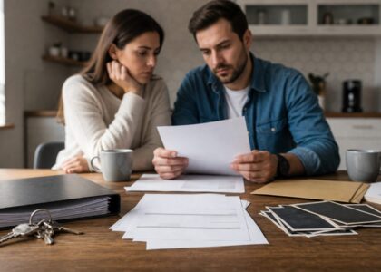 Foto realista sem texto de casal organizando documentos de convivência em casa