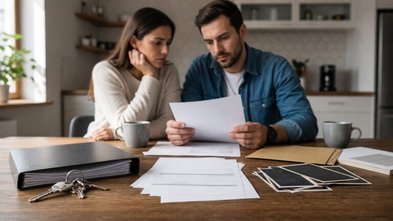 Foto realista sem texto de casal organizando documentos de convivência em casa